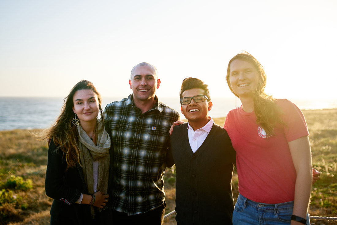 Giovanna Poulos, Jospeh Lozano, Eduardo Hernandez (interns) and Helen Killeen (mentor). Right: CCFRP photo with volunteer angler and Eduardo showing a lingcod fish. 