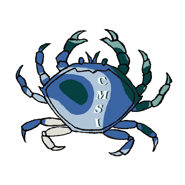 A blue shaded crab with the letters CMSI on it