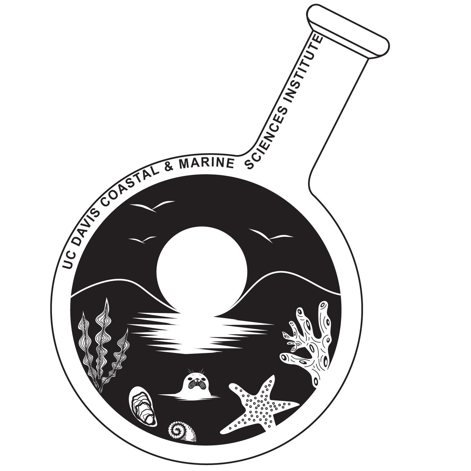 A glass beaker filled with an ocean scene and the words UC Davis Coastal and Marine Sciences Institute