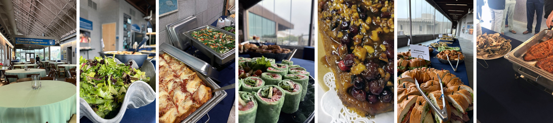 A collage of images showing different dining options, including sandwiches, salads, barbecued oysters, and cakes.