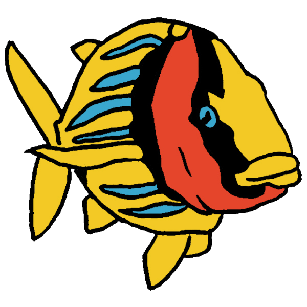 A bright yellow and red drawing of a fish
