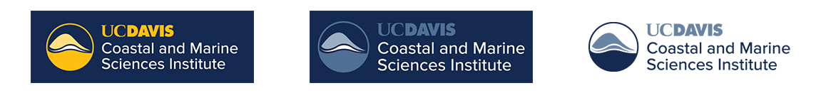 Three logos in different shades, each of them show a circular logo with mountains and ocean and next to it text that reads "UC Davis Coastal and Marine Sciences Institute"