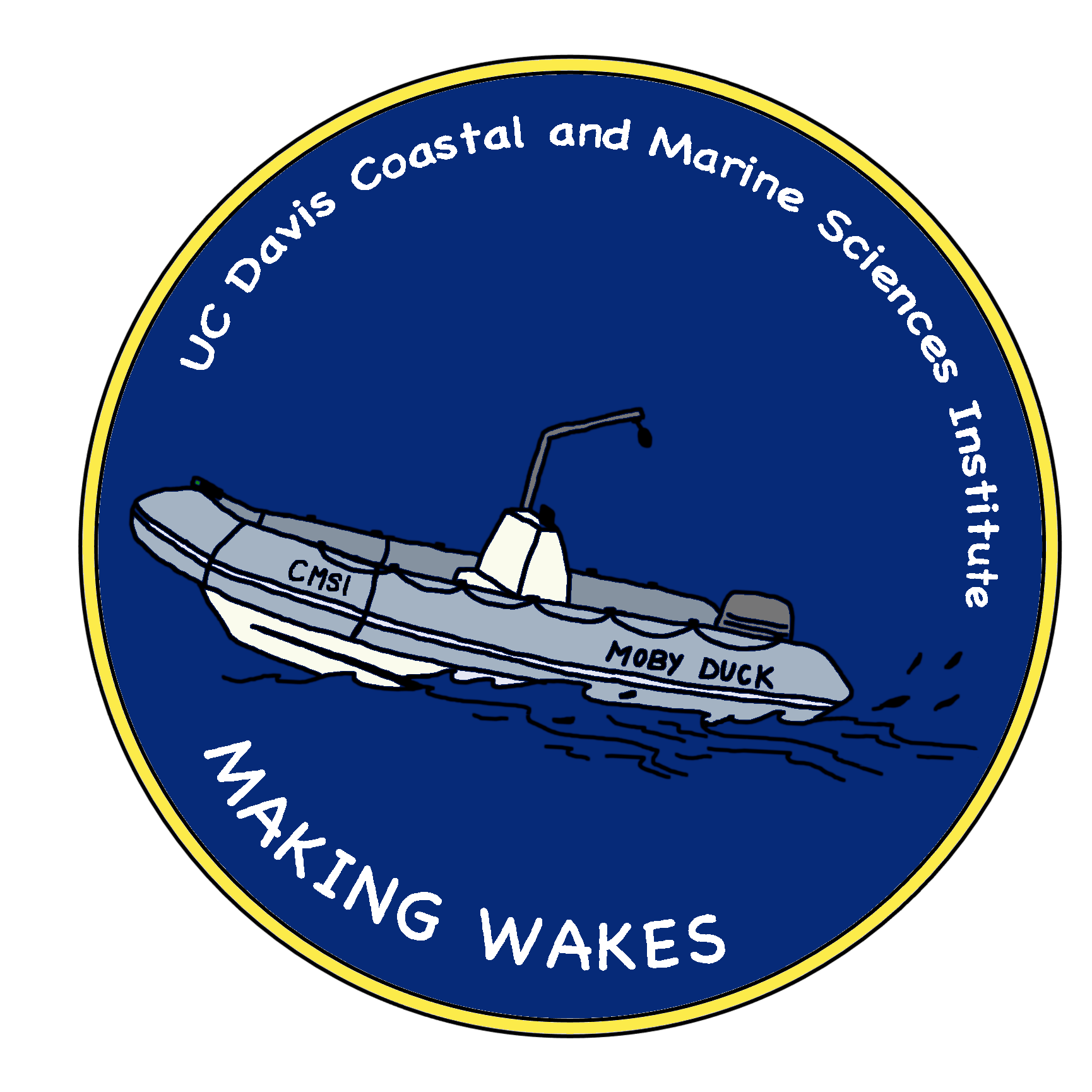 A dark blue circular drawing with yellow detailing that shows a small boat skipping over waves. Above the boat, text reads "UC Davis Coastal and Marine Sciences Institute", below the boat reads "Making Wakes", and on the boat it says "Moby Duck"