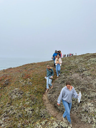 Several people hiking a narrow trial on a coastal prairie.