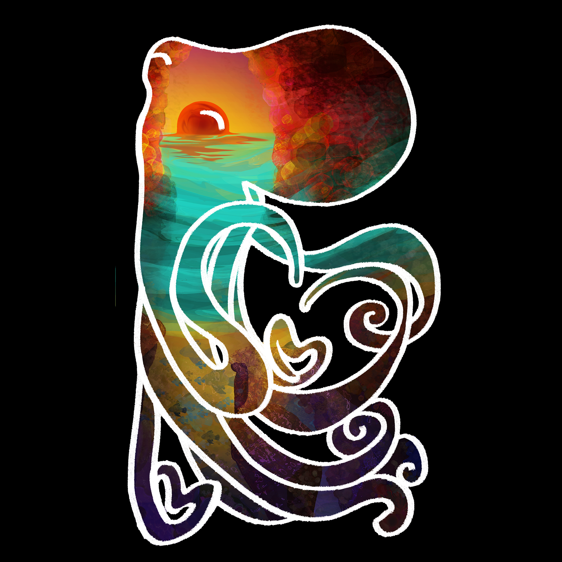 An outline of an octopus, filled with a sunset scene