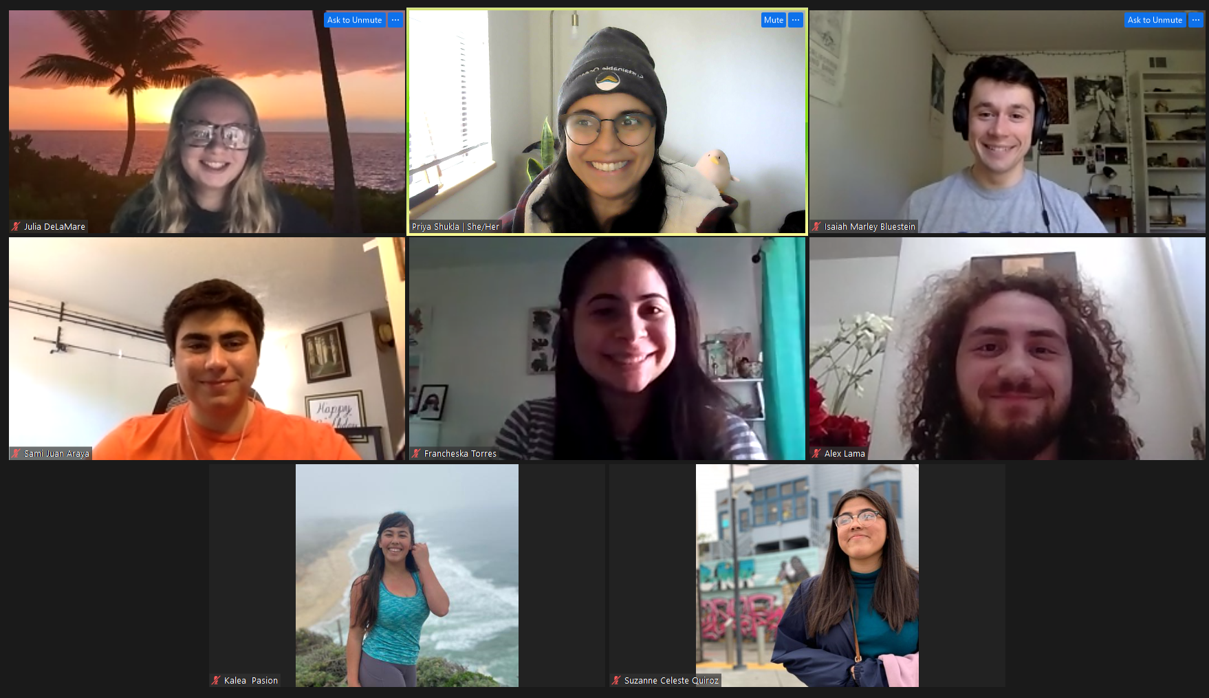 A screenshot showing 8 people participating in a zoom meeting