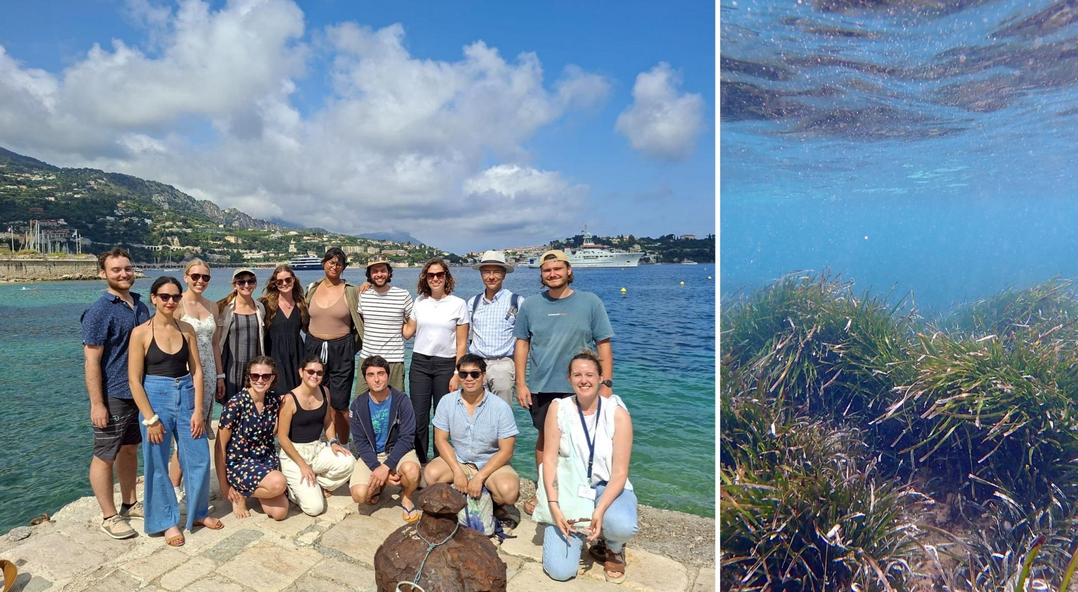 Side by side images showing a group of people gathered in front of an ocean view on one side and an underwater view of a Mediterranean seagrass meadow on the other.