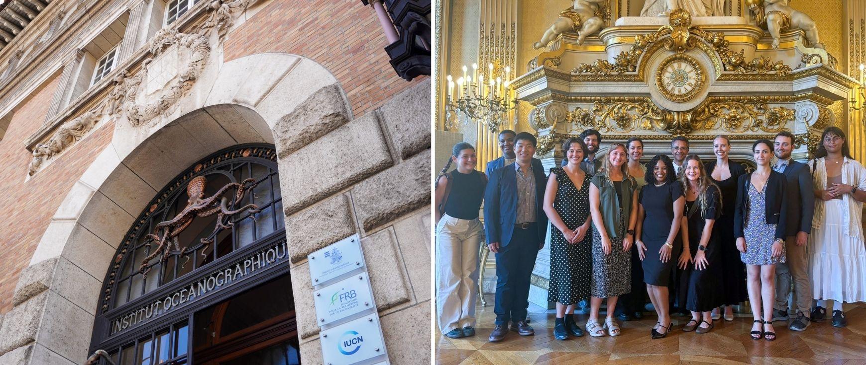 A side by side image of travel photos from France. one shows the entrance to Maison de l'Ocean and the other shows a group standing in front of an ornate fireplace.