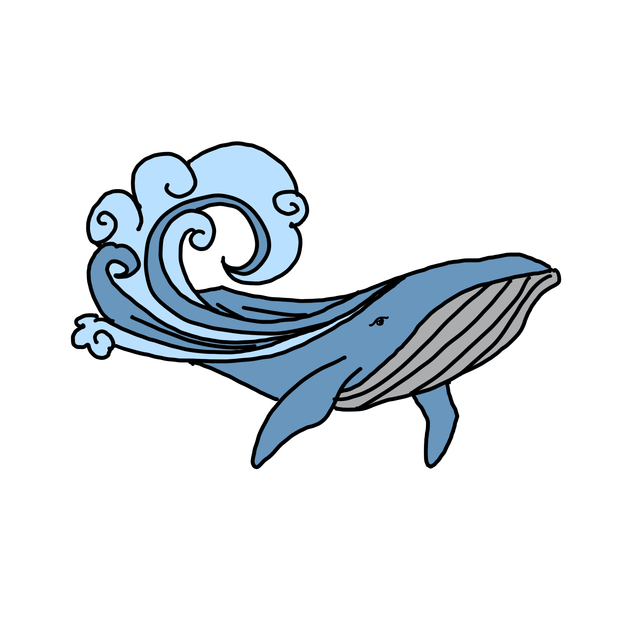 An illustrated blue whale with a curving tail that turns into a wave