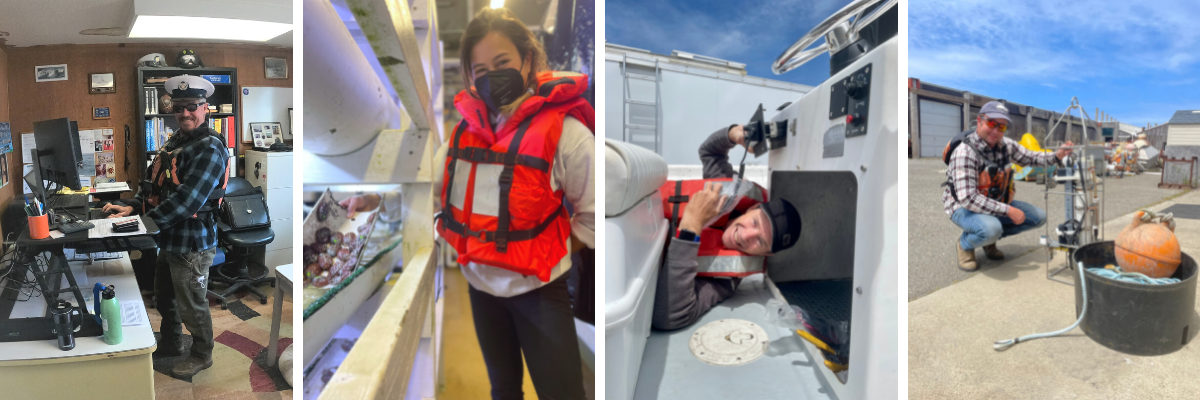 A photo grid with four photos of people wearing life jackets while working.