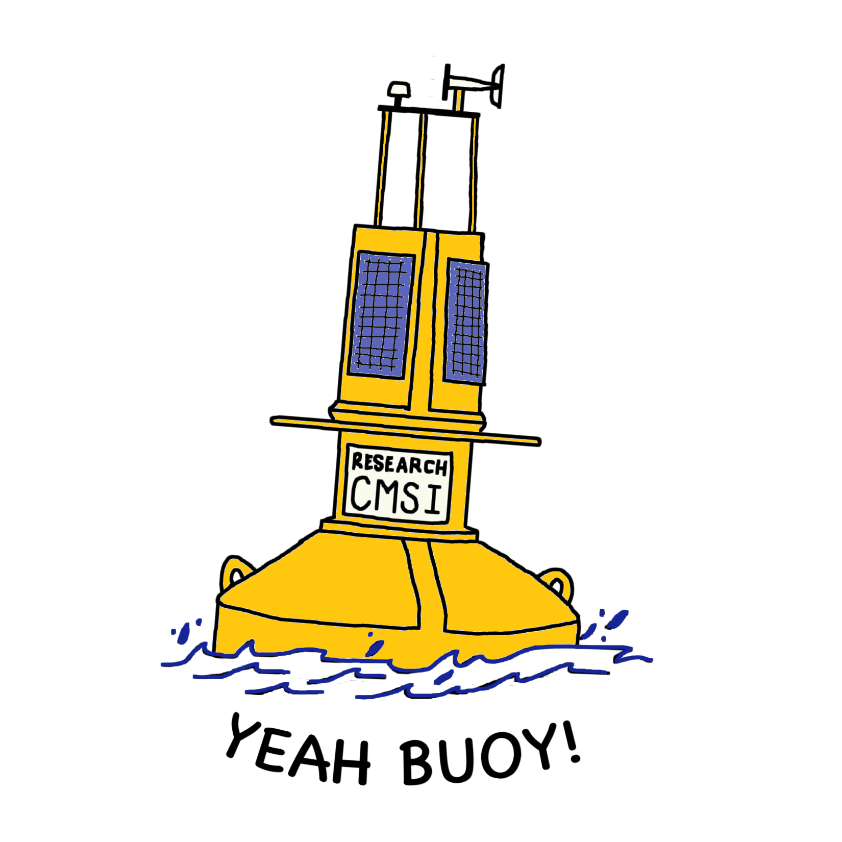 A line drawing of a buoy poking out of the ocean, the body of it is yellow, with blue detailing. At the bottom, text reads "Yeah Buoy!"