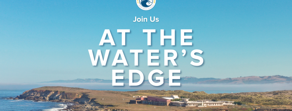 Photographic coastal scene — rocky island with lighthouse under clear blue sky. Overlaid is logo for the Bodega Marine Laboratory and text that reads "Join Us At The Water's Edge"