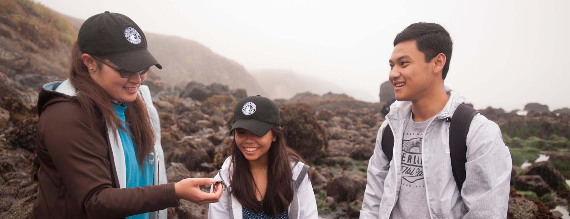 Three students, two wearing BML black baseball caps, stand in a tidepool looking at a small crab being held by one of the students