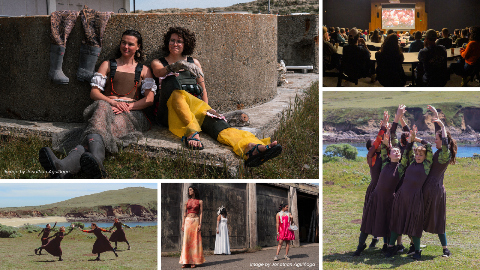 A collage of images from the event, including fashion show looks, stills from a dance, and a film screening