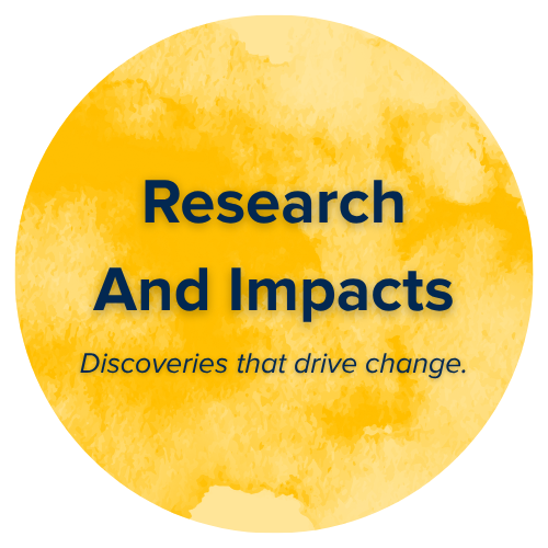 A gold circle with lettering that reads Research and Impacts - Discoveries that drive change