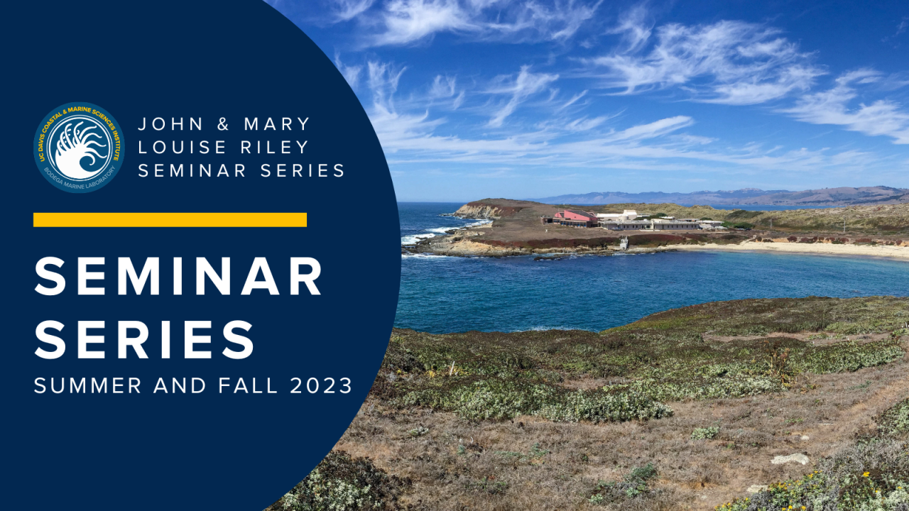 A view of Bodega Marine Laboratory. On the left side is a blue overlay with the BML logo and the words Seminar Series
