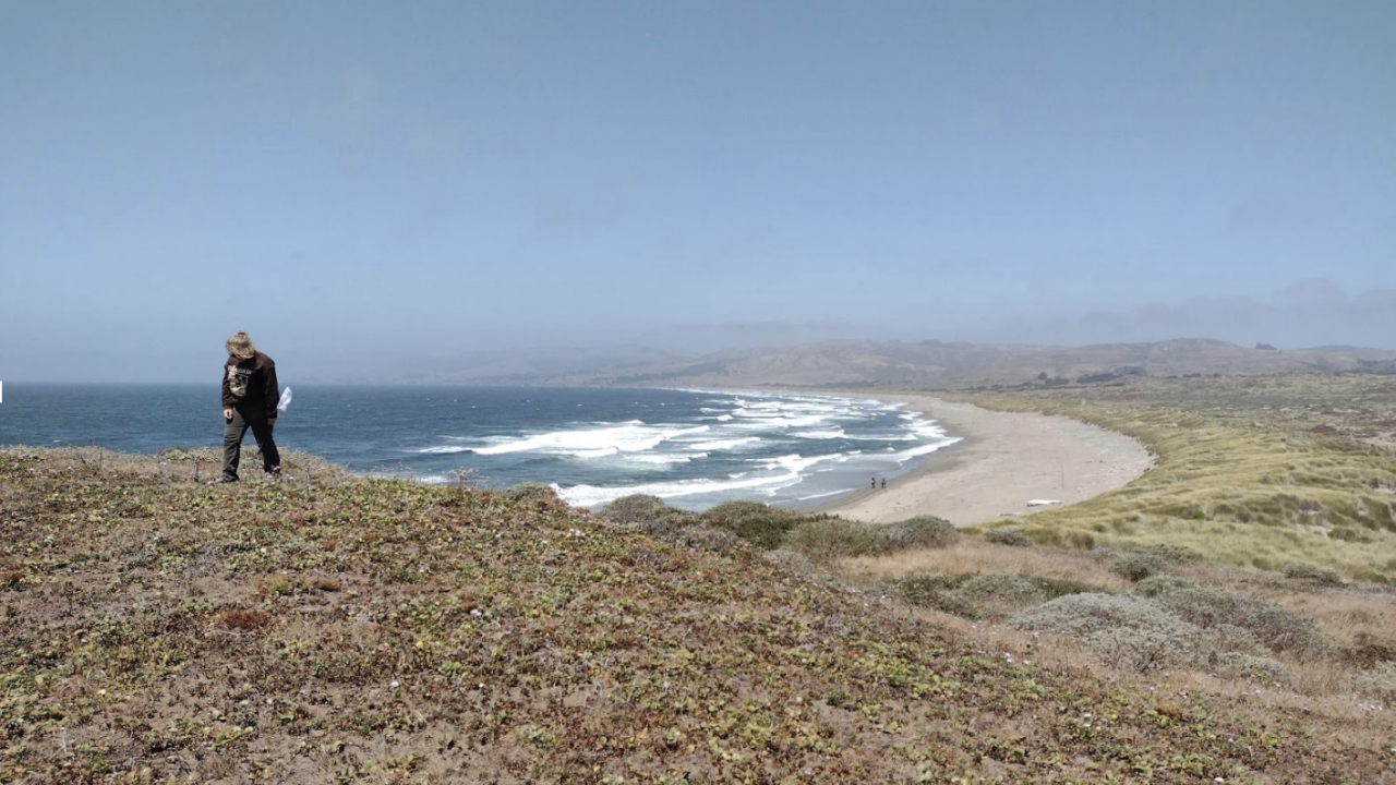 A person walking along a coastal bluff.