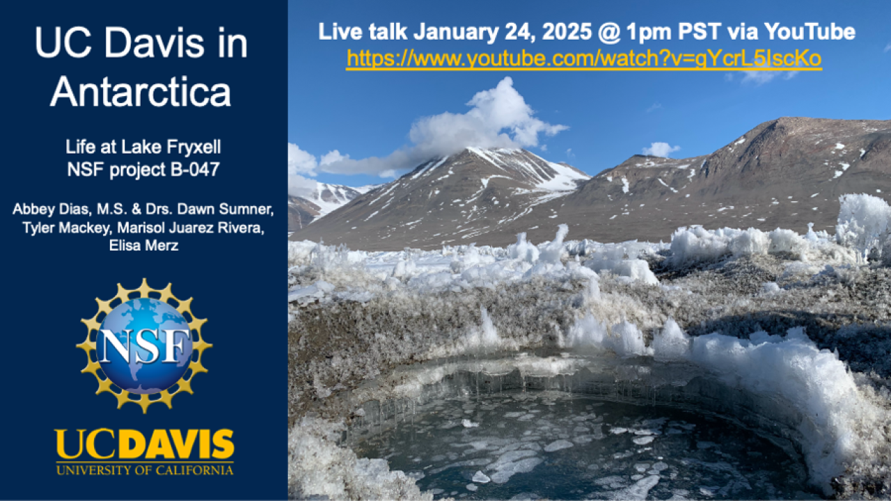 A view of an icy mountain in Antarctica with text showing the event information overlaid on it.