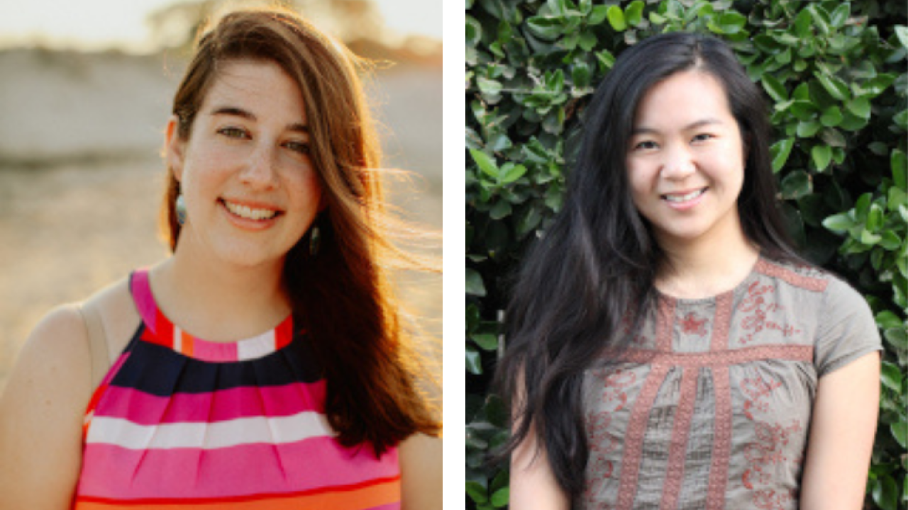 Two images, one showing a person with long dark hair standing on a beach and wearing a tank top with pink, white, and black stripes. The other shows a person with long dark hair in front of a background of greenery and wearing a shirt with a gray and red pattern.