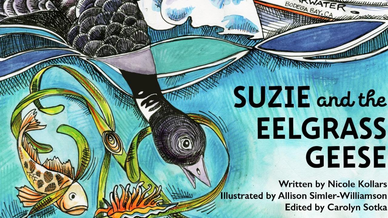 An illustrated book cover showing a goose and swirling sea grass. The title reads "Suzie and the Eelgrass Geese"