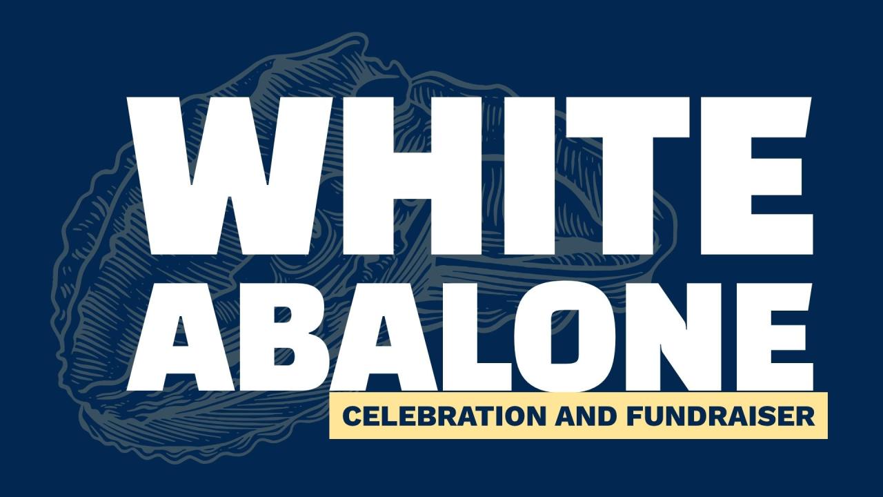 A dark blue graphic with the words "White Abalone Celebration and Fundraiser" in white