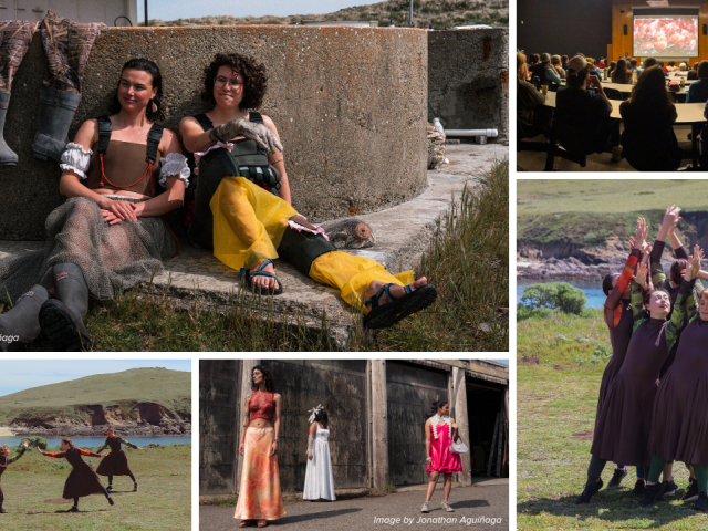 A collage of images from the event, including fashion show looks, stills from a dance, and a film screening