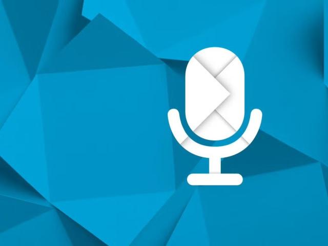 A blue graphic background with a white microphone icon on it.