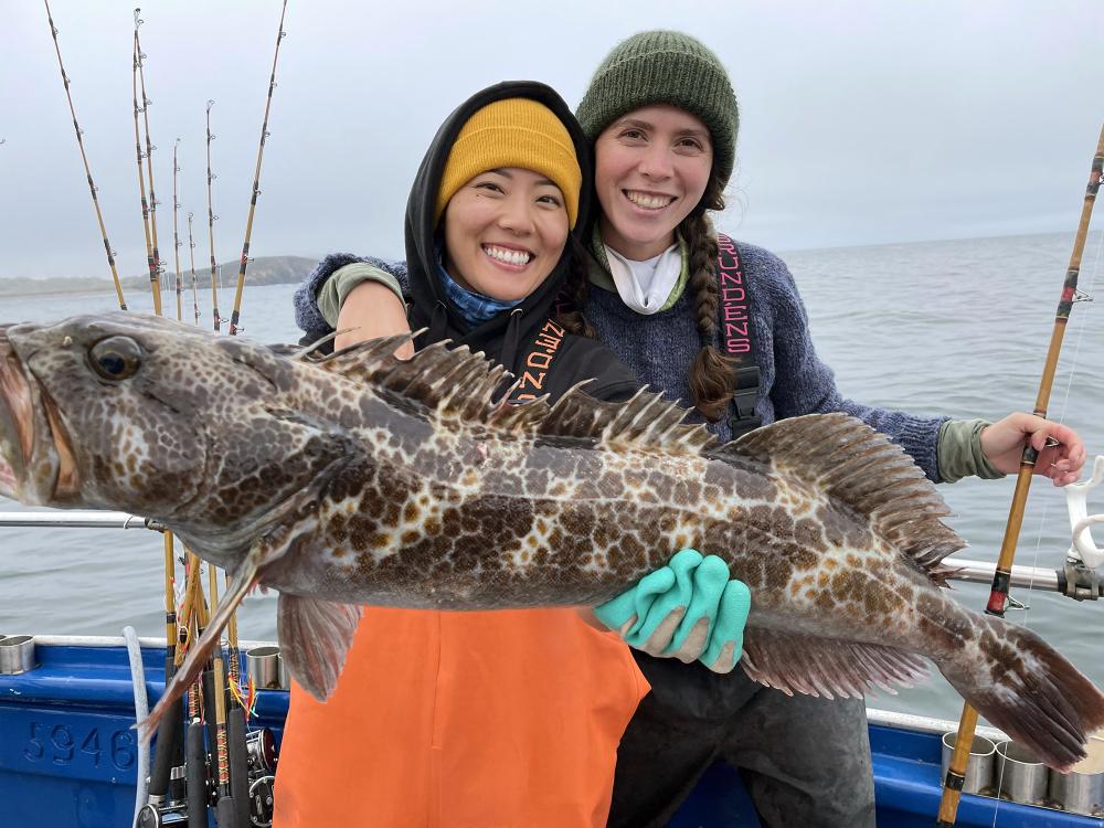Two anglers holding a very large lingcod with skin in a brown and black pattern.