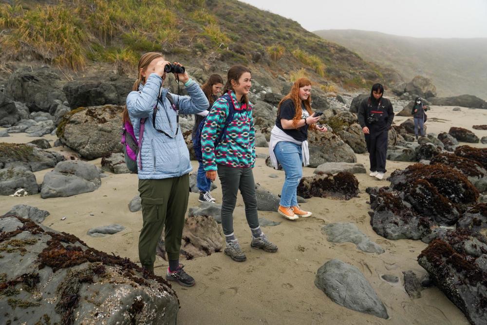 A group of students on a rocky coast, looking out to the water.