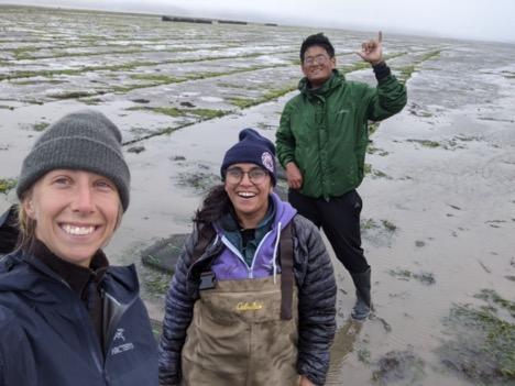 Three people, all in jackets and two of them wearing beanies, standing in a mudflat