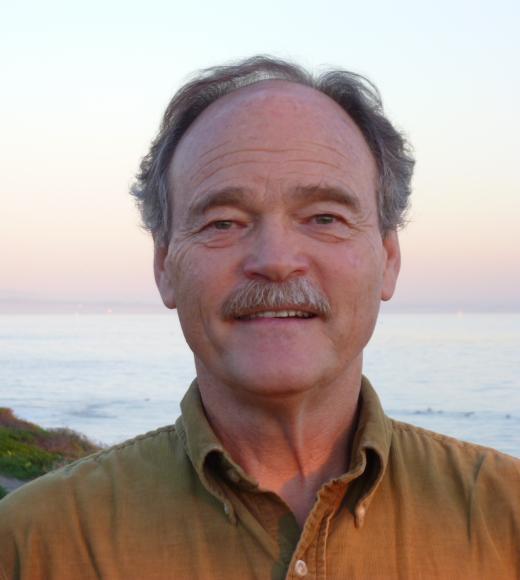 A profile image of a person with short gray hair and mustache, wearing a button down shirt and standing in front of a coastline at sunset.