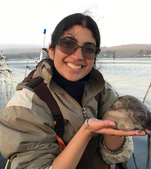 A person wearing a tan jacket and sunglasses, smiling and holding up a squishy marine creature. In the background is a shoreline and water.