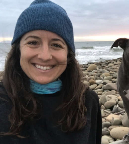 A profile image of a person with long curly hair, wearing a beanie and dark jacket and standing on a beach with a dog and a stack of rocks.