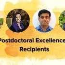 A banner with a yellow background and four headshots of scholars, with the words 2024 Postdoctoral Excellence Award Recipients.
