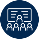 A white icon of a class looking at an instructor in a navy blue circle