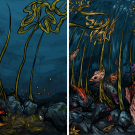 Two illustrated panels. On the left side, a barren seafloor with just a few pieces of bull kelp. On the right side is a vibrant seafloor with a forest of kelp, plentiful rockfish, and a diverse range of other marine life.