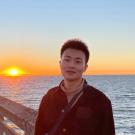 A person standing in front of a sunset overlooking the water