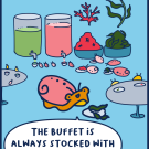 An illustration of a white abalone feasting on a variety of kelp