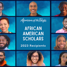 A collage of ten portraits with blue backgrounds. In the center, white text reads Aquarium of the Pacific African American Scholars 2023 Recipients 